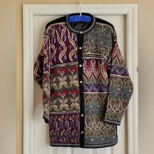 Wool sweater jacket, vintage. Multicolor. M. 100% wool. 1 button missing. Warm!